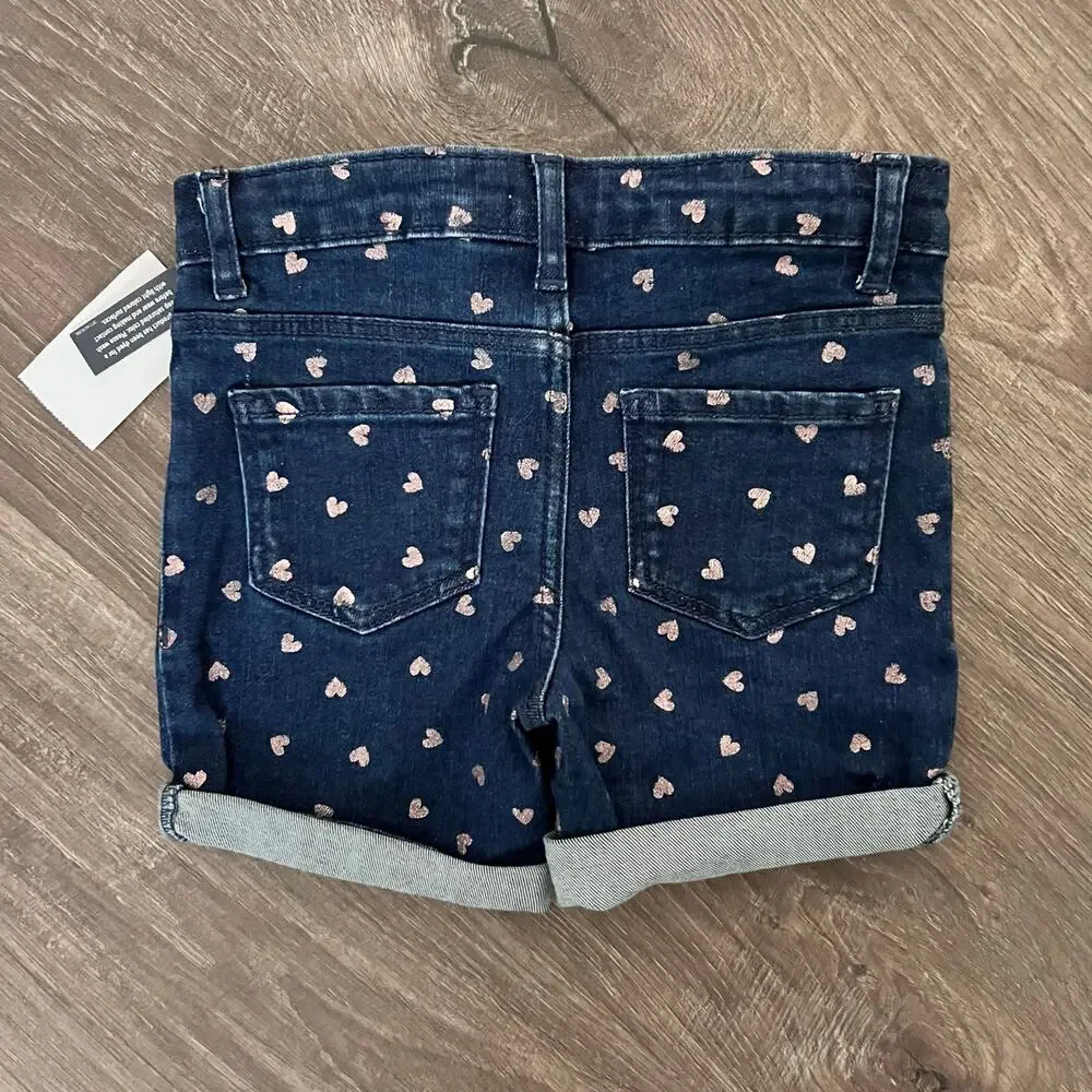 OshKosh B'gosh Denim Shorts Girls 4T Navy Pink Heart Print Stretch Cuffed New
